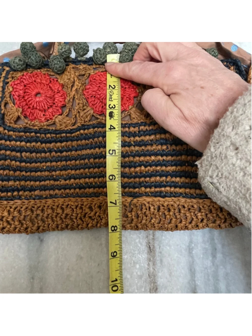 Sans-Arcidet Paris Raffia Straw Tote Bag Boho Crochet Pom Pom Beach